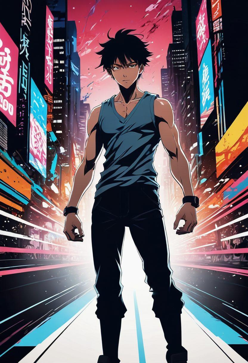 An illustrative journey of a manga character transforming into an animated figure, merging traditional hand-drawn elements with digital motion effects. The scene depicts vibrant, dynamic action, with splashes of vivid colors representing the evolution of NSFW content in the adult industry. Include shadowy figures admiring the transformation from a distance, symbolizing the audience's intrigue. The background should showcase a blend of manga panels and animated frames, bridging the two worlds. retro anime style. vibrant colors. 3D perspective.