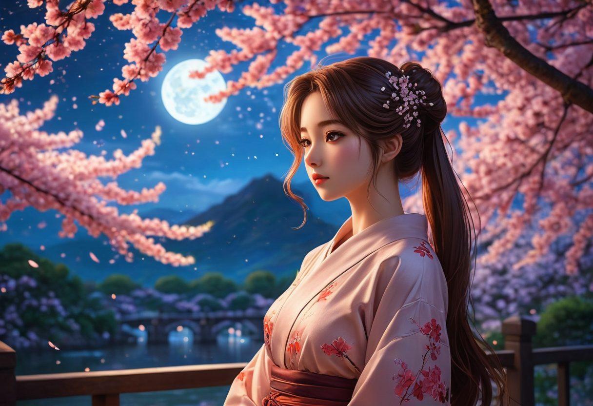 A captivating scene of a beautifully illustrated anime character, gracefully posed in an intimate setting filled with soft, ambient lighting. The character should have a playful yet sultry expression, surrounded by dreamy elements like cherry blossoms and subtle hints of sensuality. Incorporate rich, vibrant colors to evoke a sense of allure and fantasy. Include an ethereal background that hints at a story, such as a moonlit sky or a lush garden. vibrant colors. fantasy art.